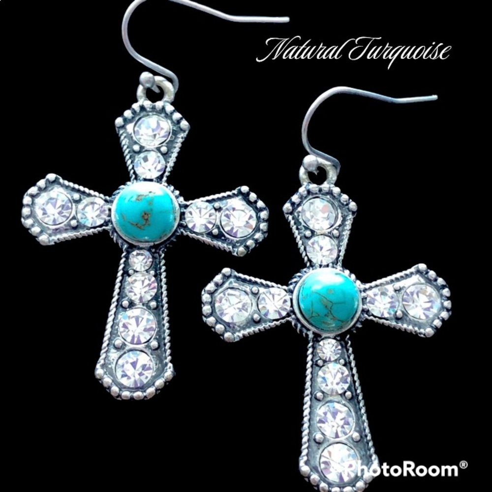 🆕 Turquoise & Rhinestone Cross Earrings